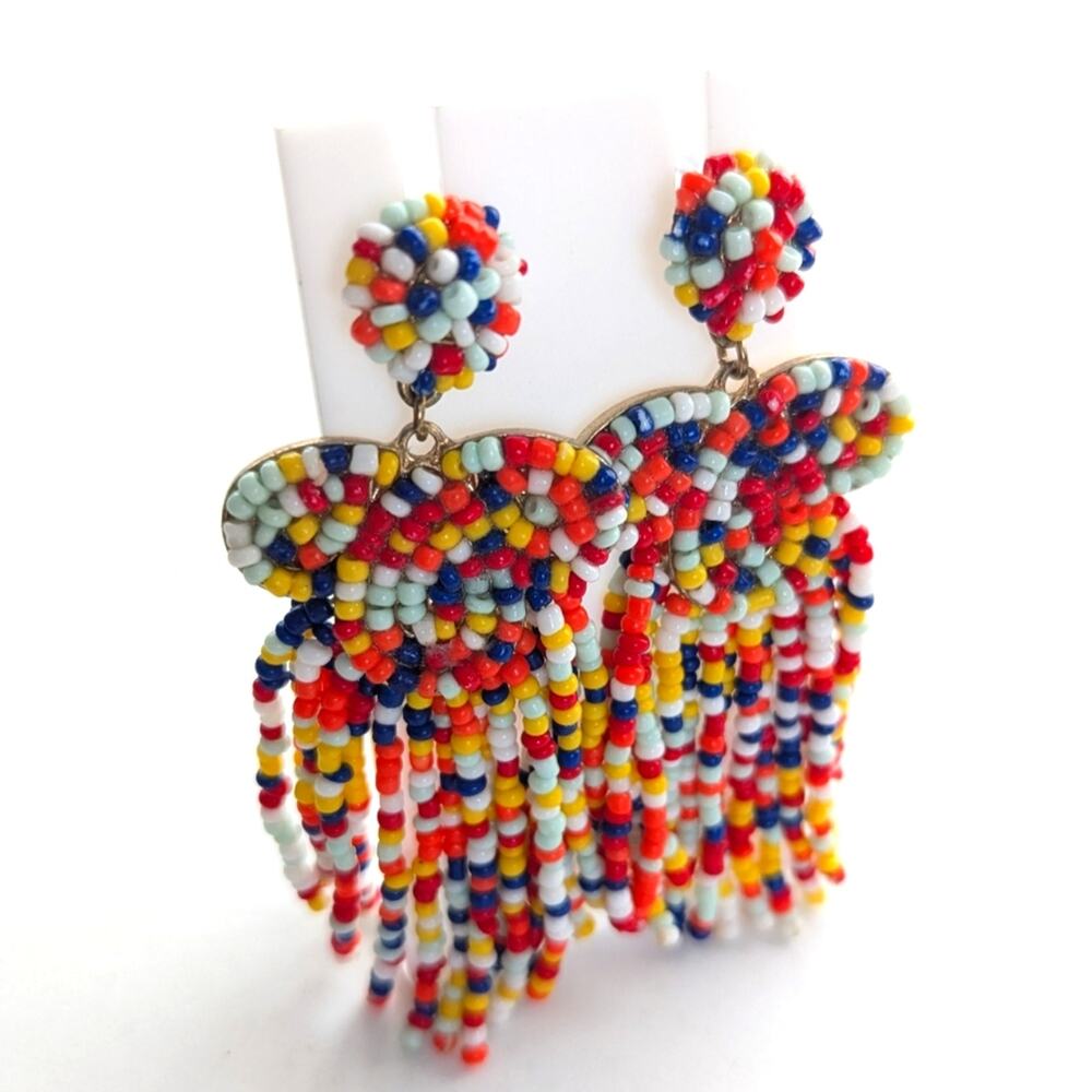 Bright Boho Beaded Love Knot Seed Bead Dangle Tassel Post Stud Earrings